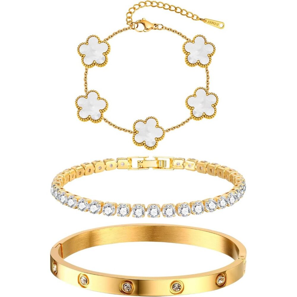 Womens Stackable Floral Gold Bracelets - 3Pcs 18K Gold Plated Bracelet,Stainless